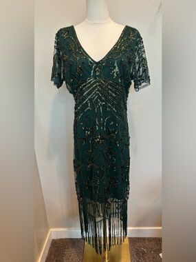 Unique Vintage Green Sequin Fringe Flapper Dress XL NWOT 1920s Gatsby